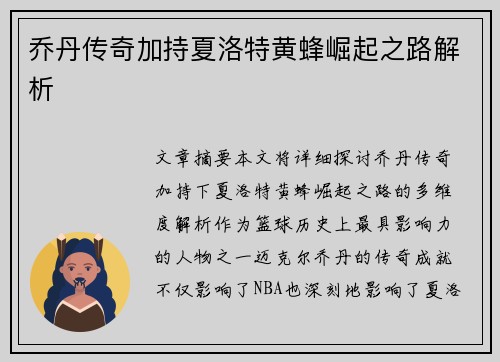 乔丹传奇加持夏洛特黄蜂崛起之路解析