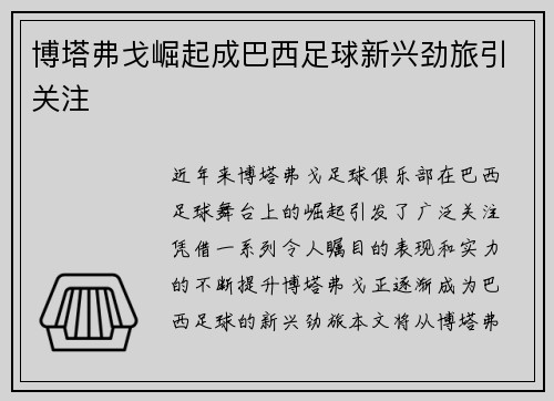 博塔弗戈崛起成巴西足球新兴劲旅引关注